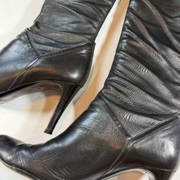 Cole Hann Vtg Leather Knee High Slouchy Almond Toe Heel Boots Black Wms Sz 7.5 - Picture 3 of 16